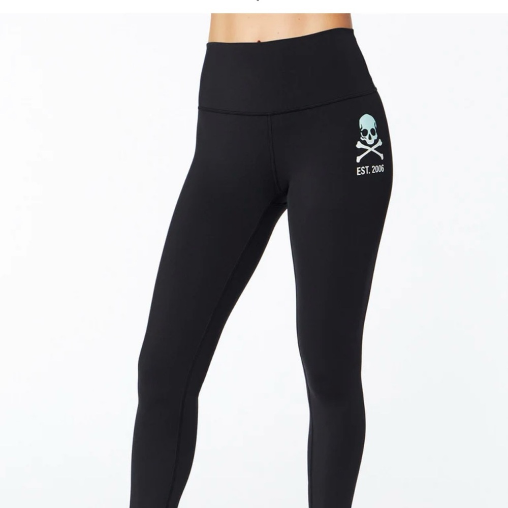Lululemon x Soul Cycle Black Leggings with Mint & Pink Skull Graphic